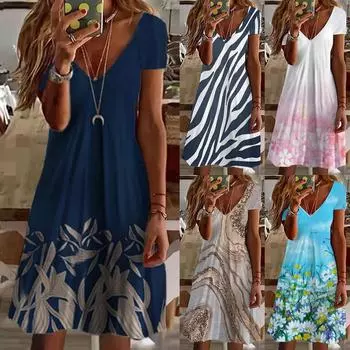 Ress для женщин, милое повседневное свободное платье с коротким рукавом и v-образным вырезом, расклешенное платье, пляжное платье, платье-футболка XXL синий