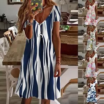 Ress для женщин, милое повседневное свободное платье с коротким рукавом и v-образным вырезом, расклешенное платье, пляжное платье, платье-футболка L синий