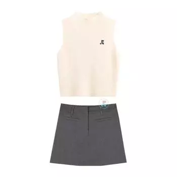 Restandcreation Korean Style Knitting Vest High Waist Skirt Suit Elegant Slim Fit Two-Piece Suit Women Apricot Suit S