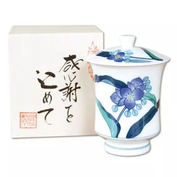 Retirement gift gift teacup Gift in a wooden box with gratitude Arita ware Imari ware Hataman Toen Colored Nabeshima Tsuyukusa Blue Teacup with lid