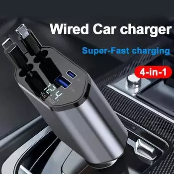 Retractable Car Charger, 120W 4 in 1 Fast Charging Car Charger for Samsung S23 S22 iPhone 15 14 Series чёрный