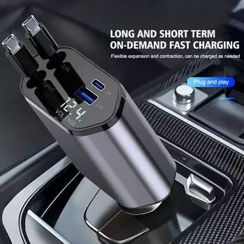 Retractable Car Charger, 4 In 1 Fast Charging Car Charger 120W, Retractable Cable And 2 USB Ports Car Charger Adapter Compatible