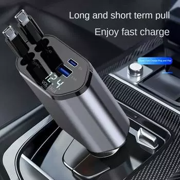 Retractable Car Charger 4 in 1 Fast Charging Car Charger 120W Dual Type-C Retractable Cable and 2 USB Ports Car Charger Adapter