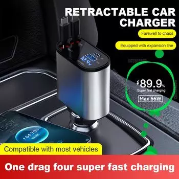 Retractable Car Charger 4-in-1 Fast Car Phone Charger 2 USB Ports Charger Adapter For Android Phones Auto Accessories Interior