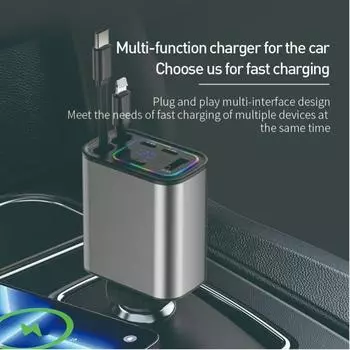 Retractable Car Charger 5 in 1 Fast Car Phone Charger Adapter with RGB Light Type c USB Fast Charging for iPhone Samsung Huawei