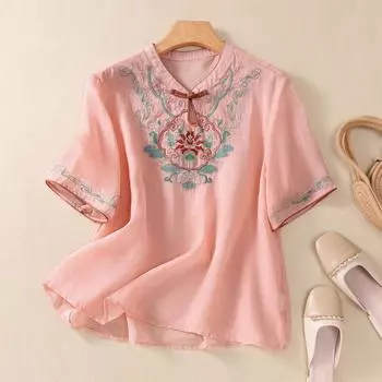 Ретро 2024 года с пряжкой из хлопка и льна, новые топы, женская свободная рубашка с короткими рукавами и вышивкой XS красный