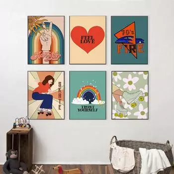 Ретро 70 s украшение дома принт Радуга скейтборд девушка плакат цветок хиппи автомобиль холст живопись богемная стена 21cm30cm NoFrame