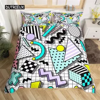 Retro 80s Style Bedding Set Twin King Size Abstract Geometric Pattern Duvet Cover Set Microfiber Circle and Triangle Quilt Cover 155x215cm 3pcs