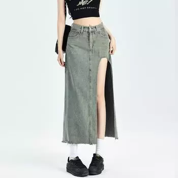 Ретро А-силуэт джинсовая юбка для женщин весна-осень высокая талия разрез средней длины юбка сексуальный уличный стиль одежда больших размеров S