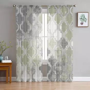 Ретро Абстракция Краска Пятнистая Шалфей Зеленый Вуаль Прозрачные Шторы Гостиная Окно Тюль Шторы Кухня Спальня Шторы Домашний Декор W135 x H114cm
