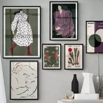 Ретро Абстрактные линии Девушка Матисс Баухаус Галерея Настенные художественные принты Современный скандинавский постер Картина на холсте для гостиной Домашний декор 21x30cm No Framed