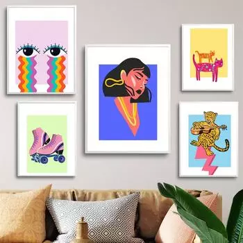 Ретро абстрактный красочный постер Groovy Art Neon Rainbow Cat Leopard Печать на холсте Детская настенная живопись Картина Гостиная (с рамкой) 15*20cm(with frame)