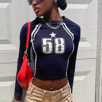 Retro Aesthetics Y2K Пятиконечная звезда с надписью Harajuku Street Top Женская футболка с длинными рукавами S