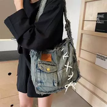 Ретро-элитный смысл ленивая литературная и художественная потертая джинсовая сумка корейская нишевая модная универсальная сумка через плечо синий