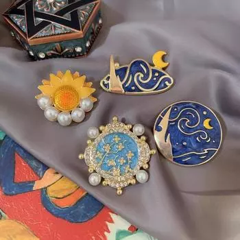 Ретро-эмалевая брошь в стиле Ван Гога: Аксессуар для корсажа с бриллиантами в виде абрикосового подсолнуха, солнца и луны