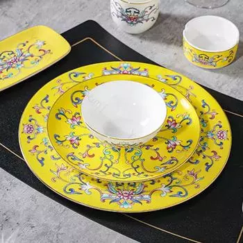 Ретро эмалированные цветные обеденные тарелки, легкие роскошные креативные миски и наборы тарелок для отелей, изысканные блюда, бытовая керамическая тарелка