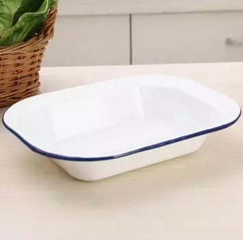 Ретро эмалированный прямоугольный поднос – Красный и синий ободок, тарелка для выпечки и обеда для домашнего использования Blue 16x12.4x3.8cm