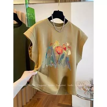 Retro American Summer Cotton T-shirt with Unique Straight Shoulder Design M