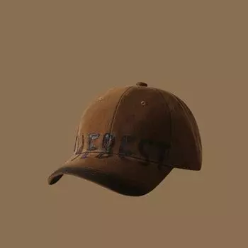 Retro American Washed Distressed Letters Baseball Hat Deep Top Big Head Circumference Hat Show Face Small Female Sun-Poof Peaked Cap Brown L(55-62cm)