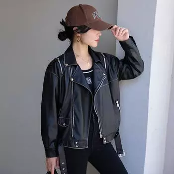 Ретро американская куртка из искусственной кожи весна и осень новый стиль потертая кожа стираная старая свободная универсальная кожаная куртка куртка модная женская M
