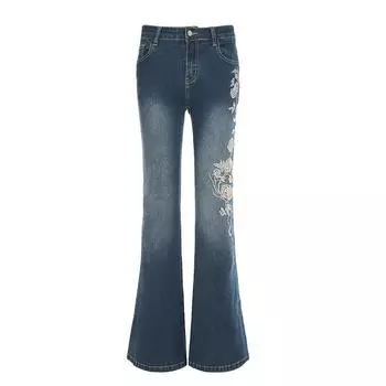 Ретро американские джинсы буткат с низкой посадкой и растительным принтом - издание Осень 2025 Medium
