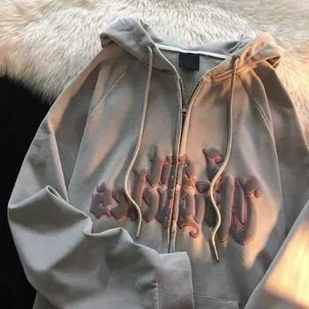 Ретро американский свитер большого размера с буквенным принтом, кардиган, толстовка для женщин Y2K, уличный хип-хоп, свободный кардиган, куртка на молнии 2023 M хаки