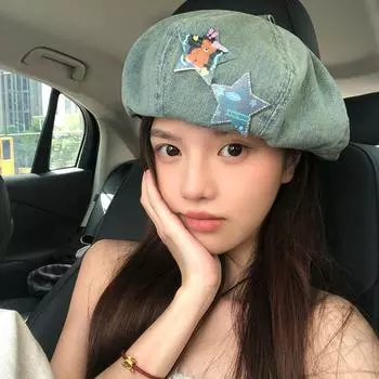 Retro and old denim beret women s summer thin big head circumference 2024 new face small octagonal painter hat M56-58cm