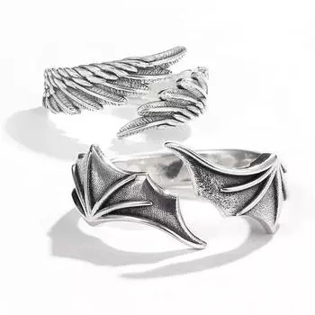 Ретро Ангел Демон Парные Кольца Винтаж Серебряный Цвет Панк Хип-Хоп Крыло Перо Открытое Кольцо Мода Мужчины Женщины Ювелирные Изделия Партии C1