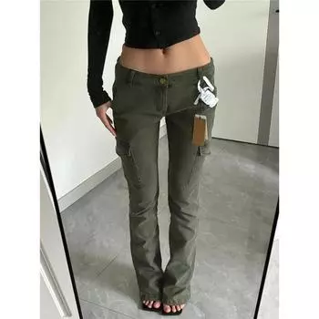 Retro Army Green Low Waist Skinny Cargo Jeans Female Spring & Fall Skinny Slimming Tall Long Mop Pants Army Green pants L