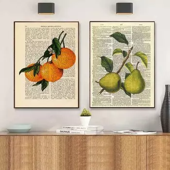 Ретро-арт печать фруктов на холсте книга для рисования оранжевый банан виноград плакат офис настенное искусство гостиная украшение дома фреска без рамки 21*30cm No Frame