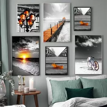 Ретро-арт уличный фонарь пейзаж холст картина морской закат плакат офис настенная живопись гостиная украшение дома фреска без рамки 21*30cm No Frame