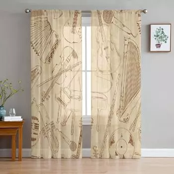 Ретро эскиз музыкальные инструменты шифоновые прозрачные шторы для гостиной спальни оконные занавески вуали тюль Cortinas 135W x 114H(cm)