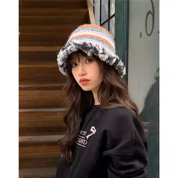 Ретро атмосфера цветная вязаная плюшевая шляпа-ведро женская осень и зима теплая защита ушей показать лицо маленькая шерстяная шапка для бассейна прилив One Size