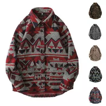 Ретро этническая рубашка с длинным рукавом мужская уличная свободная модная куртка L чёрный