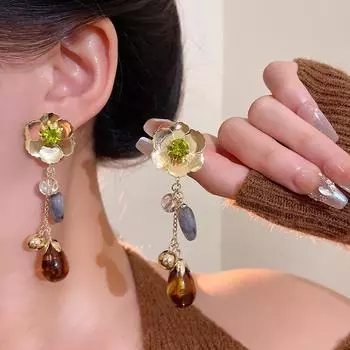 Ретро этнический стиль имитация камня тигровый глаз длинные кисточки цветы серьги для женщин 1 pair