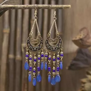 Ретро этнический стиль полумесяц длинные серьги женские богемные серьги капающие масло путешествия фотография Юньнань модифицированное лицо сапфировый