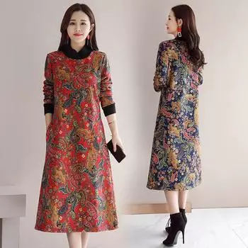 Ретро этнический стиль принт большой размер тонкое до колена платье женское 2025 зима новое бархатное утолщенное платье-подкладка M красный