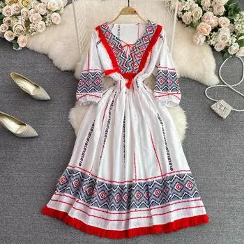 Ретро этническое стильное темпераментное платье с v-образным вырезом и длинными рукавами, рюшами и бахромой на талии, пляжная юбка для отдыха на море, женская