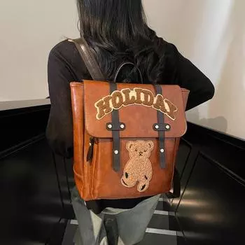 Ретро рюкзак женский с принтом медведя и буквами сумка для дальних поездок большая вместимость школьная сумка для школьников кофейный