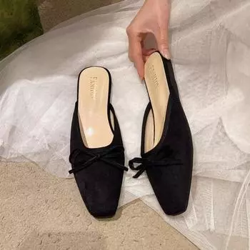 Retro bag head shoes, new bow-tie flat-soled single shoes with skirts, shallow mouth and slippers 35