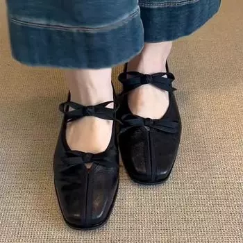 Ретро-балетки с квадратной головкой и неглубоким горлом, женские однопедальные балетки с бантом, балетки на плоской подошве, кожаные туфли Мэри Джейн 34 чёрный