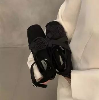 Retro ballet shoes summer flats new Chinese shallow mouth square head flower cross strap single shoes 35