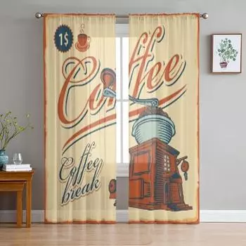 Retro Banner With The Coffee Grinder Cafe Chiffon Sheer Curtains for Living Room Bedroom Window Curtain Voiles Tulle Cortinas 135W x 114H(cm)