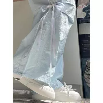 Ретро бант три полосы шнуровка синие повседневные брюки женские летние модные тонкие прямые брюки с высокой талией свободные широкие брюки XL синий