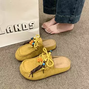 Retro baotou half slippers women s new thick-soled heightening one-pedal literary versatile shoes 35