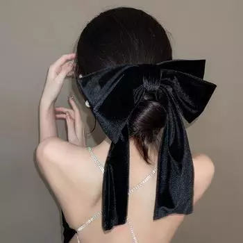 Ретро бархатная черная лента с большим бантом для хвоста на осень и зиму