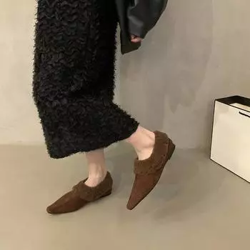 Ретро бархатные теплые одинарные туфли женские новые модные черные универсальные тонкие пушистые туфли хлопковые одинарные туфли 35 чёрный
