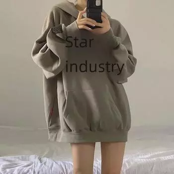 Ретро бархатный свитер с капюшоном: Женская осень/зима корейский стиль свободный крой принт 2X Large чёрный