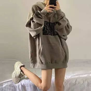 Ретро бархатный свитшот для женщин на осень и зиму, новый корейский стиль, студенческий принт, капюшон, свободная куртка, топ для женщин M