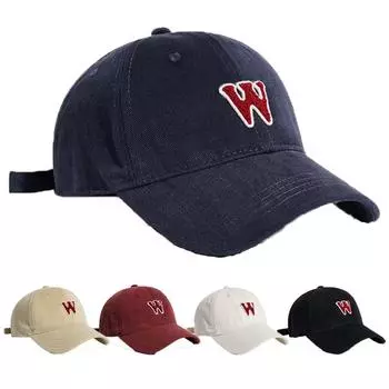 Retro Baseball Cap for Women Men Letter W Patch Cotton Peaked Hat Japanese Soft Top Casual Sunshade Visor Cap Adjustable Sun Hat тёмно-синий